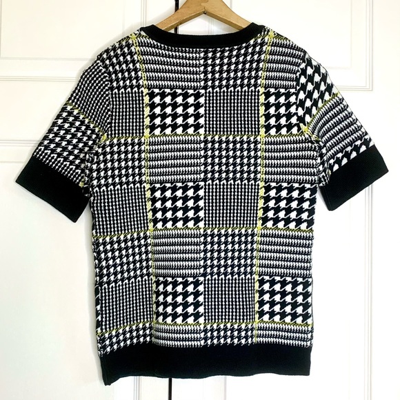 Tahari Short Sleeve Sweater, Black & White Houndstooth Neon Yellow Autumn Office - Picture 3 of 9